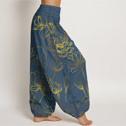 Buddha Stones Print Lotus Flowers Leaves Pattern Women's Elastic Waist Harem Cotton Pants - image 2
