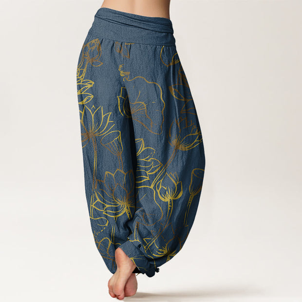 Buddha Stones Print Lotus Flowers Leaves Pattern Women's Elastic Waist Harem Cotton Pants - image 1