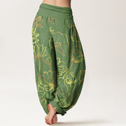 Buddha Stones Print Lotus Flowers Leaves Pattern Women's Elastic Waist Harem Cotton Pants - image 6