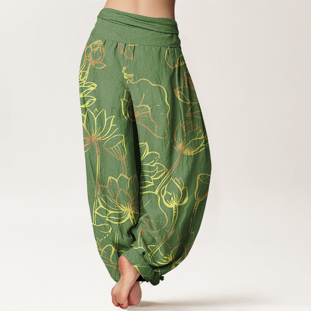 Buddha Stones Print Lotus Flowers Leaves Pattern Women's Elastic Waist Harem Cotton Pants - image 6