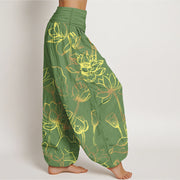 Buddha Stones Print Lotus Flowers Leaves Pattern Women's Elastic Waist Harem Cotton Pants - image 7