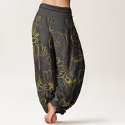 Buddha Stones Print Lotus Flowers Leaves Pattern Women's Elastic Waist Harem Cotton Pants - image 9