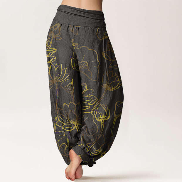 Buddha Stones Print Lotus Flowers Leaves Pattern Women's Elastic Waist Harem Cotton Pants - image 9