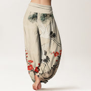 Buddha Stones Print Cranes Plum Blossoms Pattern Women's Elastic Waist Harem Cotton Pants - image 1