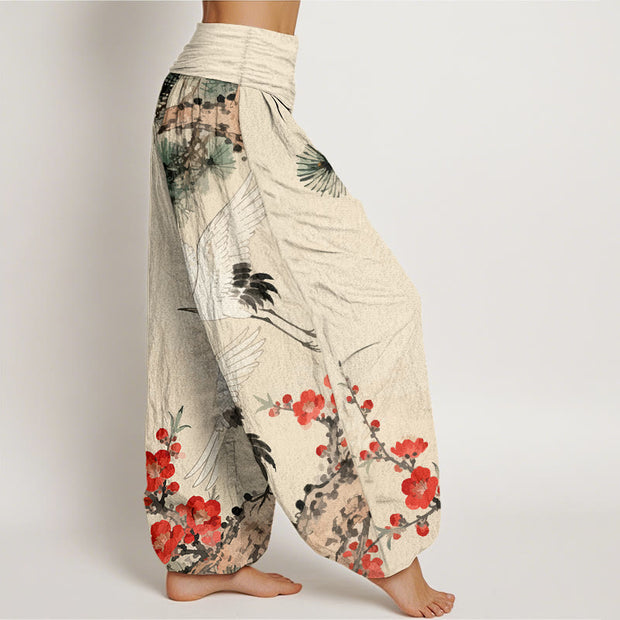 Buddha Stones Print Cranes Plum Blossoms Pattern Women's Elastic Waist Harem Cotton Pants - image 2