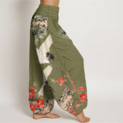 Buddha Stones Print Cranes Plum Blossoms Pattern Women's Elastic Waist Harem Cotton Pants - image 7