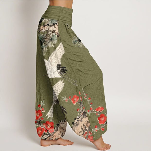 Buddha Stones Print Cranes Plum Blossoms Pattern Women's Elastic Waist Harem Cotton Pants - image 7