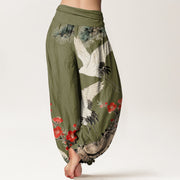 Buddha Stones Print Cranes Plum Blossoms Pattern Women's Elastic Waist Harem Cotton Pants - image 6