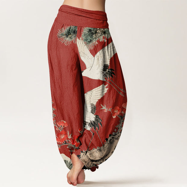 Buddha Stones Print Cranes Plum Blossoms Pattern Women's Elastic Waist Harem Cotton Pants - image 9