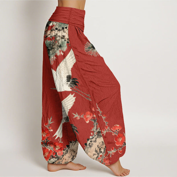 Buddha Stones Print Cranes Plum Blossoms Pattern Women's Elastic Waist Harem Cotton Pants - image 10