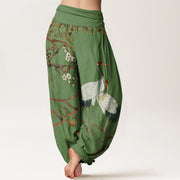Buddha Stones Print Plum Blossoms Cranes Pine Trees Pattern Women's Elastic Waist Harem Cotton Pants - image 1