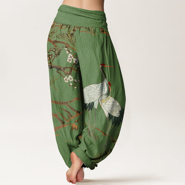 Buddha Stones Print Plum Blossoms Cranes Pine Trees Pattern Women's Elastic Waist Harem Cotton Pants - image 1