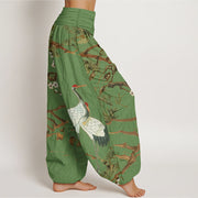 Buddha Stones Print Plum Blossoms Cranes Pine Trees Pattern Women's Elastic Waist Harem Cotton Pants - image 2