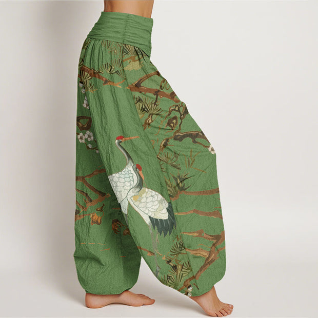 Buddha Stones Print Plum Blossoms Cranes Pine Trees Pattern Women's Elastic Waist Harem Cotton Pants - image 2