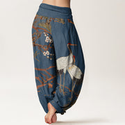 Buddha Stones Print Plum Blossoms Cranes Pine Trees Pattern Women's Elastic Waist Harem Cotton Pants - image 6