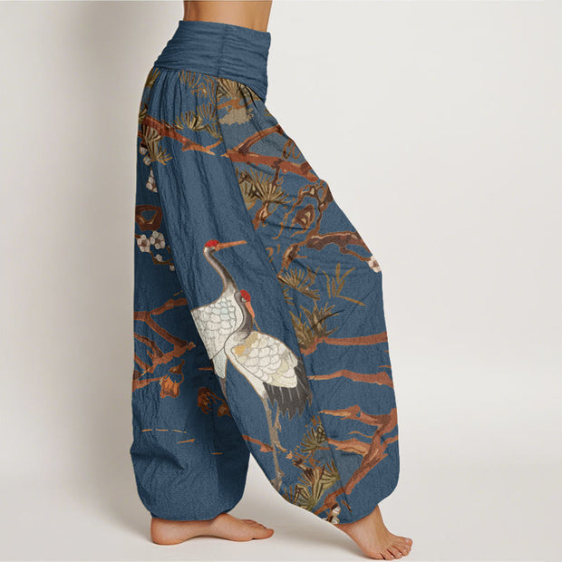 Buddha Stones Print Plum Blossoms Cranes Pine Trees Pattern Women's Elastic Waist Harem Cotton Pants - image 7