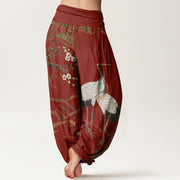 Buddha Stones Print Plum Blossoms Cranes Pine Trees Pattern Women's Elastic Waist Harem Cotton Pants - image 9