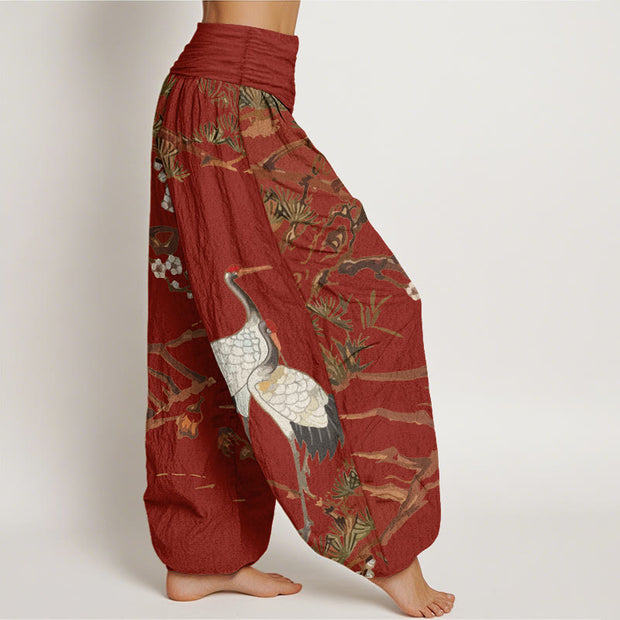 Buddha Stones Print Plum Blossoms Cranes Pine Trees Pattern Women's Elastic Waist Harem Cotton Pants - image 10