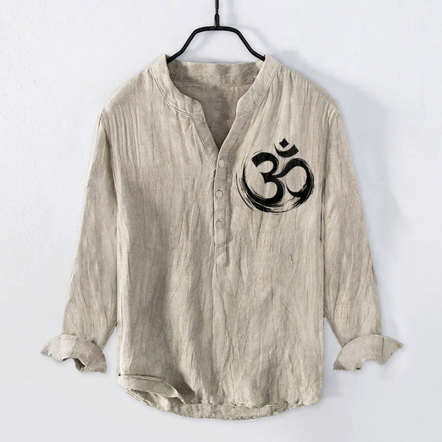 Buddha Stones Om Symbol Pattern Half Buttons Men's Cotton Linen Long Sleeve Shirt - Linen - US/UK/AU50，EU60 (5XL) - image 3