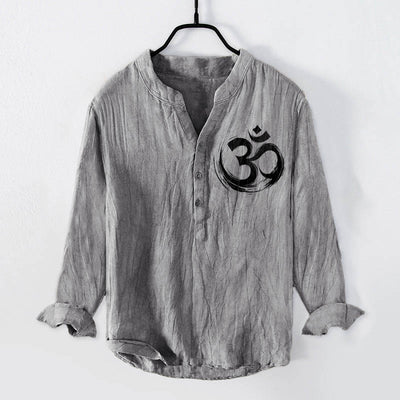 Buddha Stones Om Symbol Pattern Half Buttons Men's Cotton Linen Long Sleeve Shirt - Gray - US/UK/AU50，EU60 (5XL) - image 0