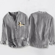 Buddha Stones Crane Auspicious Clouds Pattern Half Buttons Men's Cotton Linen Long Sleeve Shirt - image 2
