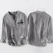 Buddha Stones Red-crowned Crane Pattern Half Buttons Men's Cotton Linen Long Sleeve Shirt - image 5