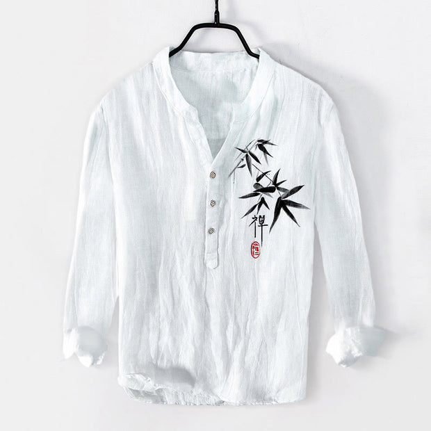 Buddha Stones Bamboo Zen Character Pattern Half Buttons Men's Cotton Linen Long Sleeve Shirt - White - US/UK/AU50，EU60 (5XL) - image 6