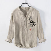 Buddha Stones Bamboo Zen Character Pattern Half Buttons Men's Cotton Linen Long Sleeve Shirt - Linen - US/UK/AU50，EU60 (5XL) - image 0