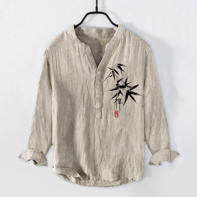 Buddha Stones Bamboo Zen Character Pattern Half Buttons Men's Cotton Linen Long Sleeve Shirt - Linen - US/UK/AU50，EU60 (5XL) - image 0