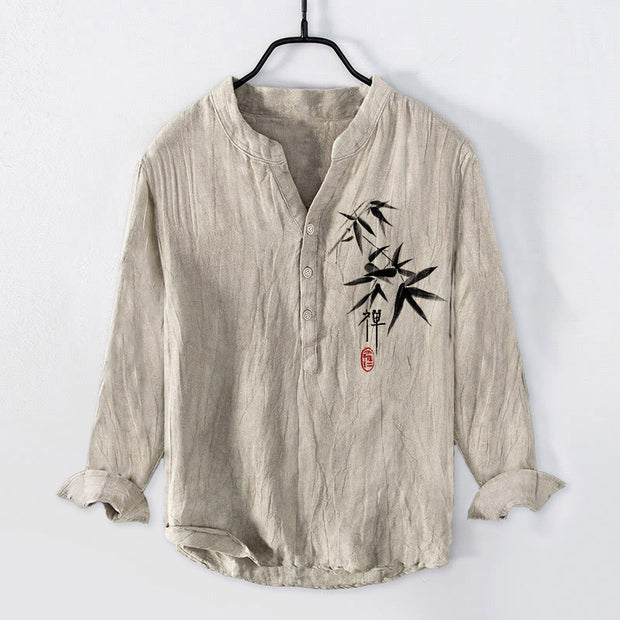 Buddha Stones Bamboo Zen Character Pattern Half Buttons Men's Cotton Linen Long Sleeve Shirt - Linen - US/UK/AU50，EU60 (5XL) - image 0