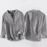Buddha Stones Red-crowned Crane Clouds Pattern Half Buttons Men's Cotton Linen Long Sleeve Shirt - image 5
