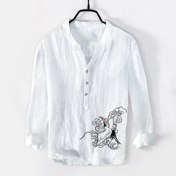 Buddha Stones Red-crowned Crane Clouds Pattern Half Buttons Men's Cotton Linen Long Sleeve Shirt - White - US/UK/AU50，EU60 (5XL) - image 6