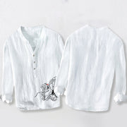 Buddha Stones Red-crowned Crane Clouds Pattern Half Buttons Men's Cotton Linen Long Sleeve Shirt - image 8