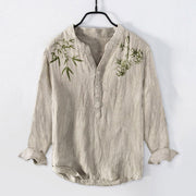 Buddha Stones Green Bamboo Leaves Pattern Half Buttons Men's Cotton Linen Long Sleeve Shirt - Linen - US/UK/AU50，EU60 (5XL) - image 0