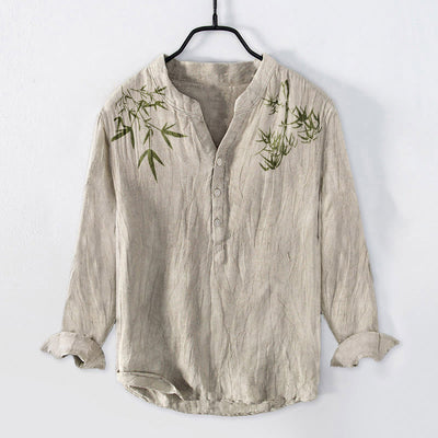Buddha Stones Green Bamboo Leaves Pattern Half Buttons Men's Cotton Linen Long Sleeve Shirt - Linen - US/UK/AU50，EU60 (5XL) - image 0