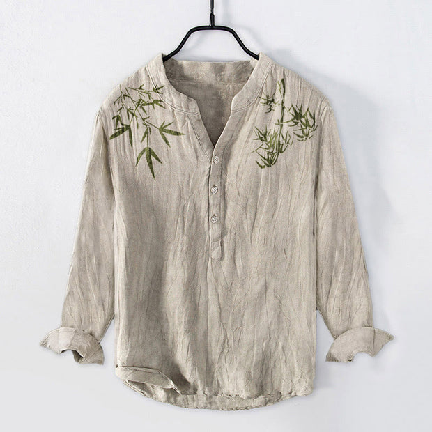 Buddha Stones Green Bamboo Leaves Pattern Half Buttons Men's Cotton Linen Long Sleeve Shirt - Linen - US/UK/AU50，EU60 (5XL) - image 0