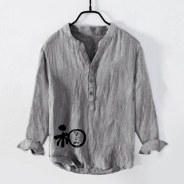 Buddha Stones Chinese Character Harmony Pattern Half Buttons Men's Cotton Linen Long Sleeve Shirt - Gray - US/UK/AU50，EU60 (5XL) - image 6