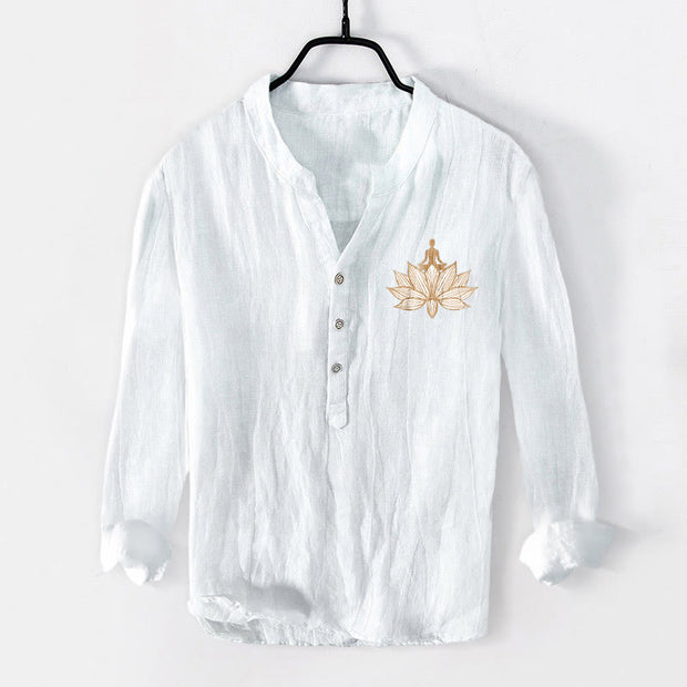 Buddha Stones Meditating Person Lotus Pattern Half Buttons Men's Cotton Linen Long Sleeve Shirt - image 7
