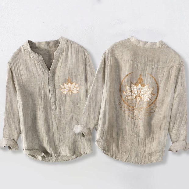 Buddha Stones Meditating Person Lotus Pattern Half Buttons Men's Cotton Linen Long Sleeve Shirt - Linen - US/UK/AU50，EU60 (5XL) - image 3