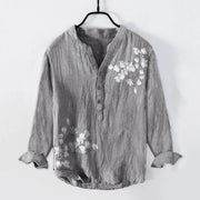 Buddha Stones Magnolia Flowers Branches Pattern Half Buttons Men's Cotton Linen Long Sleeve Shirt - Gray - US/UK/AU50，EU60 (5XL) - image 0