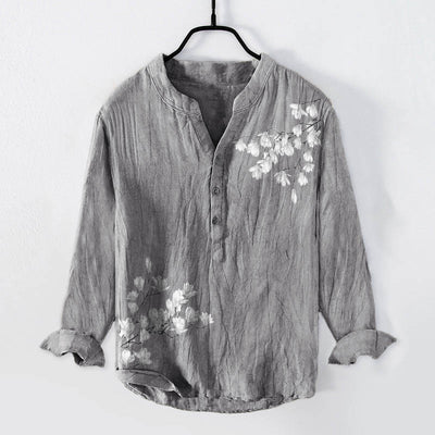 Buddha Stones Magnolia Flowers Branches Pattern Half Buttons Men's Cotton Linen Long Sleeve Shirt - Gray - US/UK/AU50，EU60 (5XL) - image 0