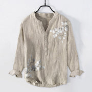 Buddha Stones Magnolia Flowers Branches Pattern Half Buttons Men's Cotton Linen Long Sleeve Shirt - Linen - US/UK/AU50，EU60 (5XL) - image 3