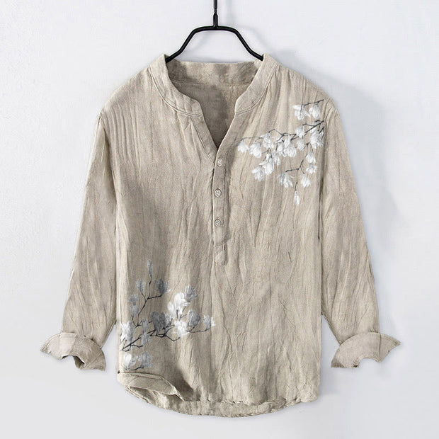 Buddha Stones Magnolia Flowers Branches Pattern Half Buttons Men's Cotton Linen Long Sleeve Shirt - Linen - US/UK/AU50，EU60 (5XL) - image 3