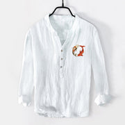 Buddha Stones Red White Koi Fish Yin Yang Pattern Half Buttons Men's Cotton Linen Long Sleeve Shirt - image 7