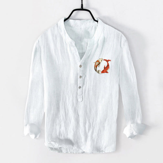 Buddha Stones Red White Koi Fish Yin Yang Pattern Half Buttons Men's Cotton Linen Long Sleeve Shirt - image 7