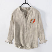 Buddha Stones Red White Koi Fish Yin Yang Pattern Half Buttons Men's Cotton Linen Long Sleeve Shirt - image 1