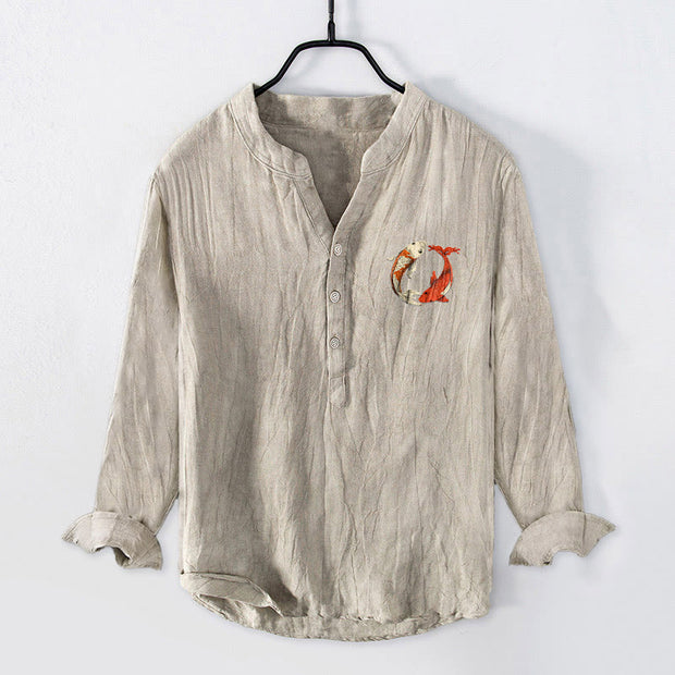 Buddha Stones Red White Koi Fish Yin Yang Pattern Half Buttons Men's Cotton Linen Long Sleeve Shirt - image 1