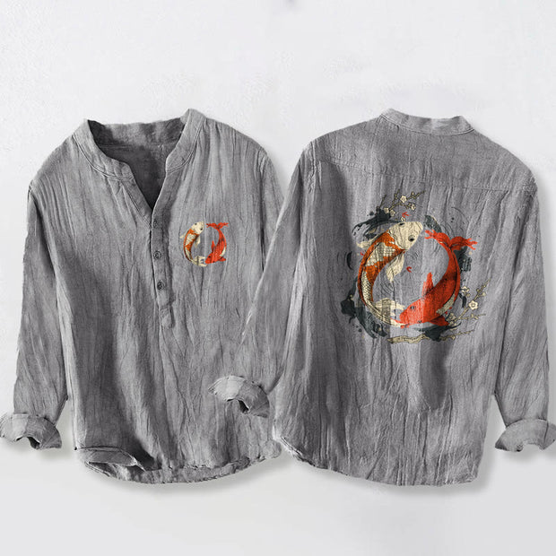 Buddha Stones Red White Koi Fish Yin Yang Pattern Half Buttons Men's Cotton Linen Long Sleeve Shirt - Gray - US/UK/AU50，EU60 (5XL) - image 3