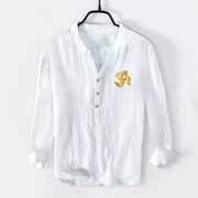 Buddha Stones OM Symbol Mandala Pattern Half Buttons Men's Cotton Linen Long Sleeve Shirt - image 1
