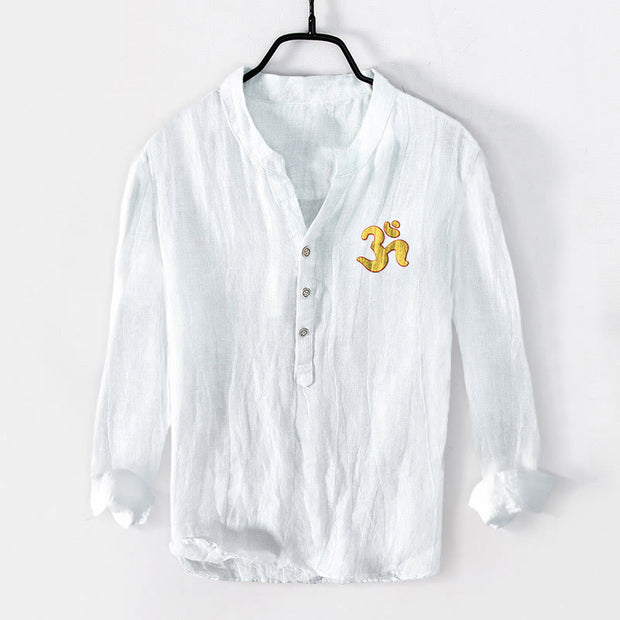 Buddha Stones OM Symbol Mandala Pattern Half Buttons Men's Cotton Linen Long Sleeve Shirt - image 1
